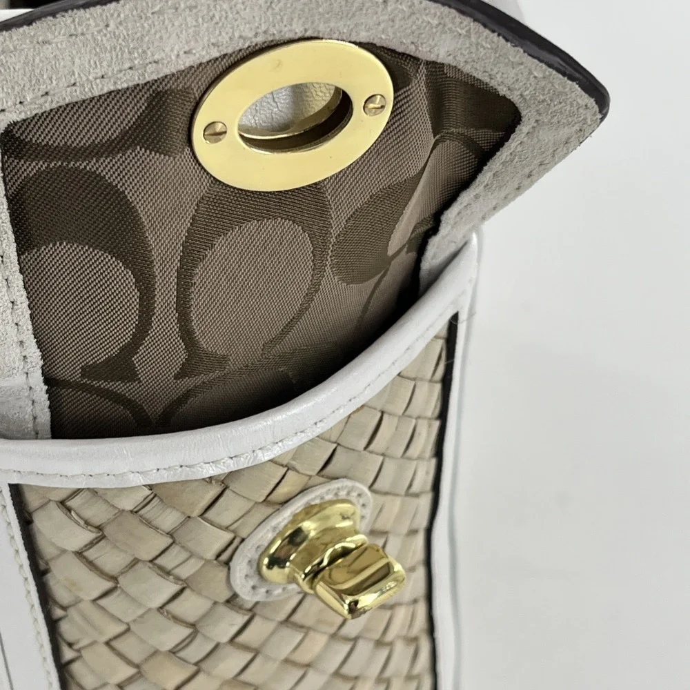 Vintage Coach Legacy Bag Boxy Tote‎ Leather Suede Straw Kiss Lock Pockets Ivory